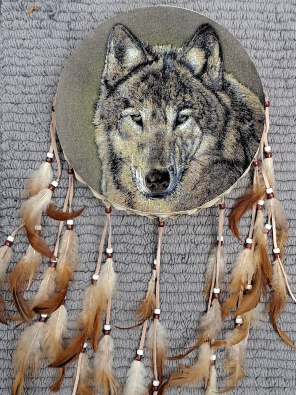 Native American Inspired Wolf Dreamcatcher - Drum, leather, feathers, and beads - Picture 7 of 7